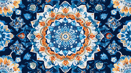 Key art on a blue base featuring a beautiful pattern created with a kaleidoscopic effect. Kaleidoscopic. Illustration