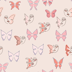 Woman face Continuous line seamless pattern. Abstract Female portrait with Butterfly. Drawing vector Wallpaper, fabric, wrapping paper, card, poster