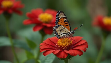 Butterfly perched on a red flower.