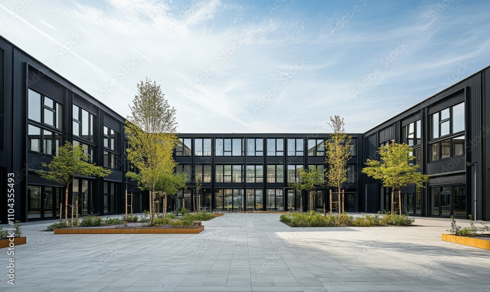 Poster a large black building with a lot of windows and a large open courtyard