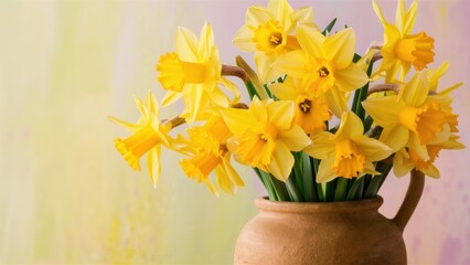 A photo with a bright bouquet of daffodils reflects the essence of spring. Cheerful yellow flowers are arranged in a vase against a background of pastel tones.