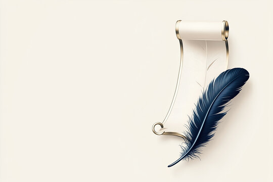 Elegant feather rests beside an unrolled scroll, symbolizing writing and creativity in a simple, artistic layout