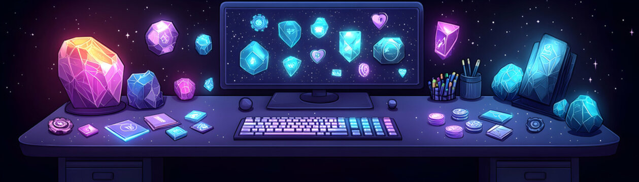 Glowing crystals on a desk with a computer.