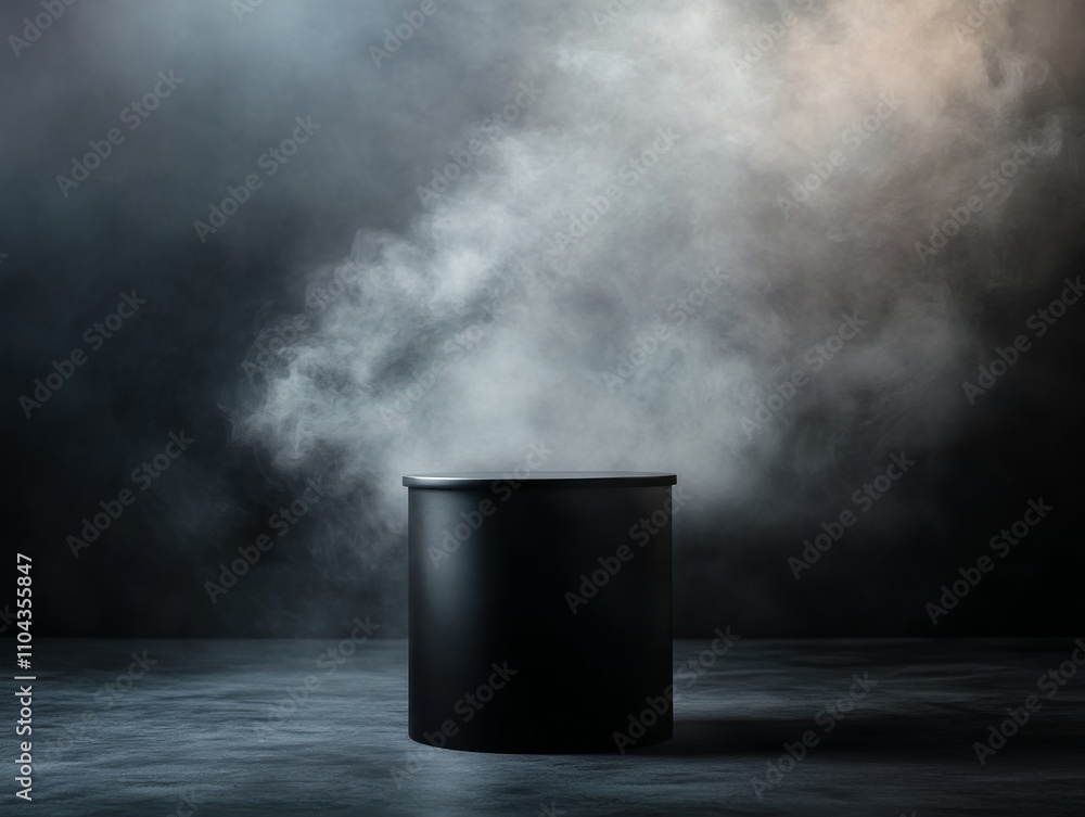 Poster this composition features a sleek black pedestal enveloped in soft ambient light, with gentle smoke 