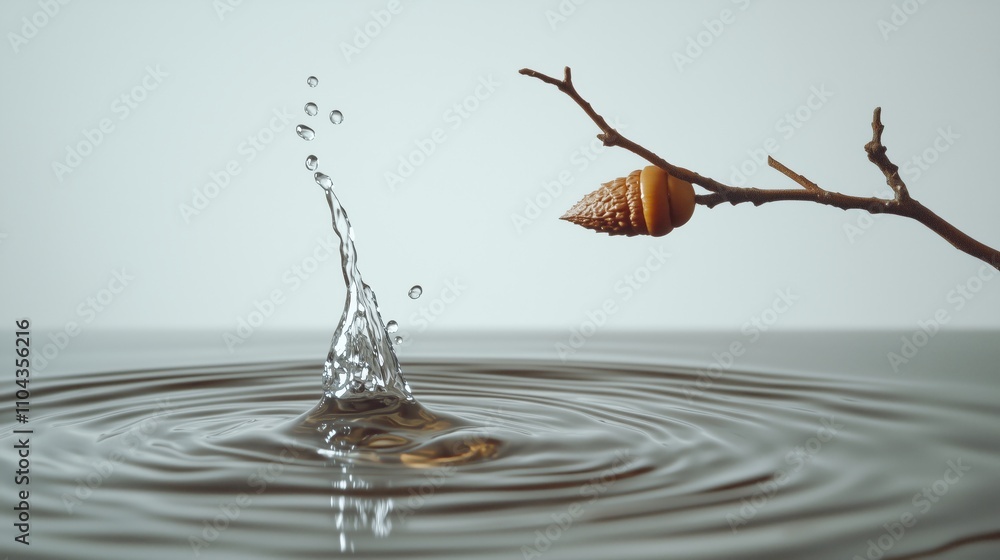 Poster a drop of water falls on the table, with ripples forming in it, and an acorn branch floating above t