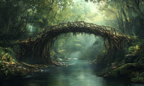 A living root bridge extends across a serene river in a dense forest, blending seamlessly with its natural surroundings