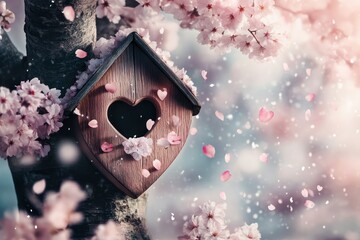 A quaint heart-shaped birdhouse in a blooming cherry blossom tree, with petals gently falling,