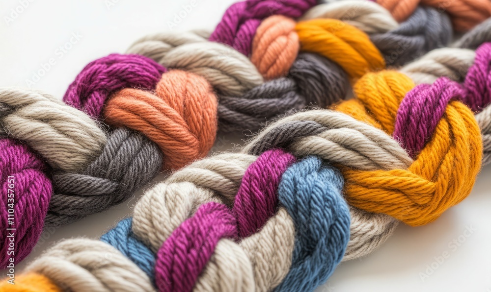 Aufkleber a macro shot of wool yarn knitted into a complex pattern, with fibers clearly defined on a white bac