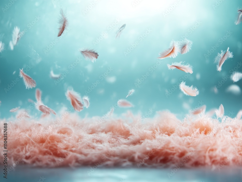 Poster Soft feathers scatter across a smooth glass surface, highlighted by reflections of blue hues, showcasing their fragile textures and intricate details