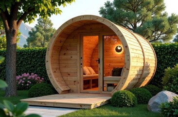 A cozy wooden barrel sauna stands in a vibrant garden, featuring a welcoming entrance, soft lighting, and inviting seating for relaxation. Generative AI