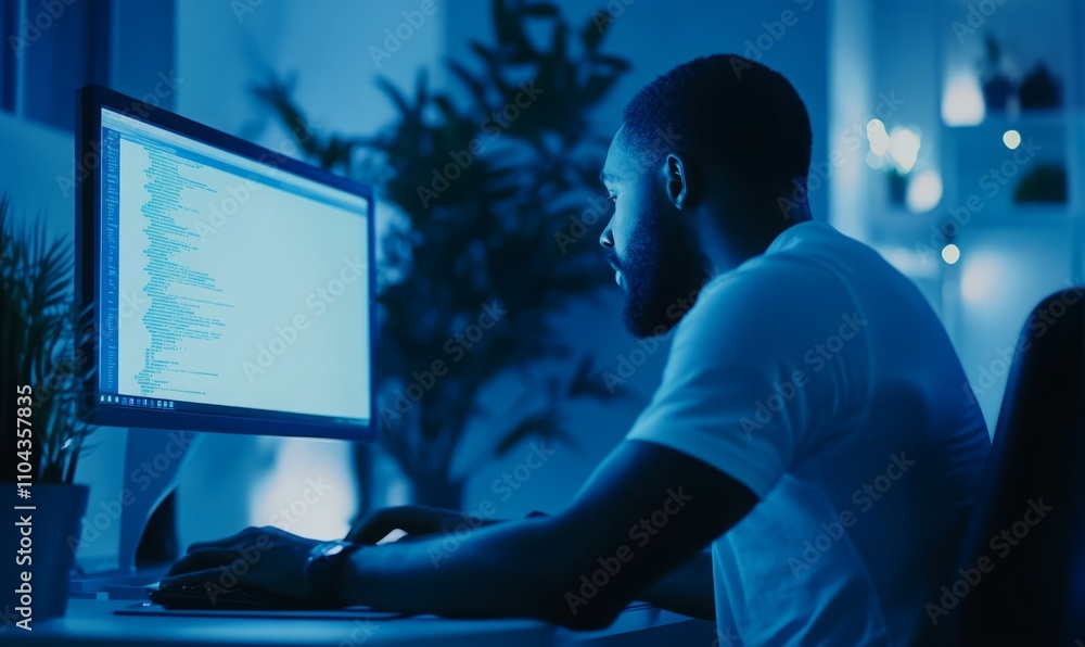 Poster a man is typing on a computer monitor with a blue background