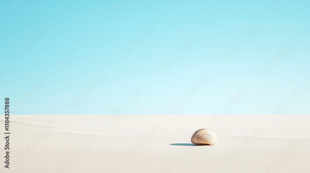 Poster minimalist composition featuring a single shell resting on a quiet sandy beach under a clear blue sk