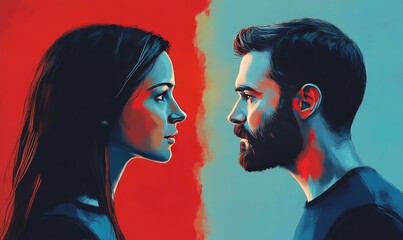 Obraz premium A man and woman facing each other, exchanging a thoughtful gaze. Capturing emotional connection and communication between people.