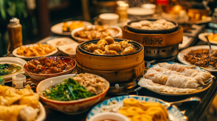 Fototapeta premium Assorted chinese dim sum feast displayed on a table with bamboo steamers