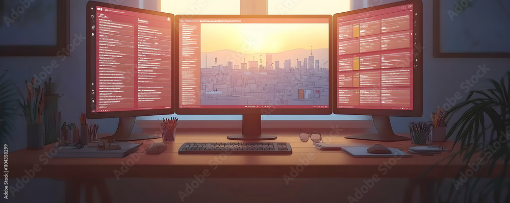 Aufkleber programmer's desk with triple monitor setup showing city skyline at sunset.