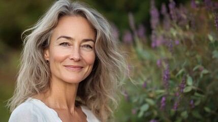 Naklejka premium Radiant Middle-Aged Woman Embracing Vitality and Grace in Anti-Aging Concept Photo