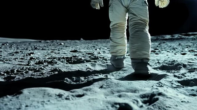 Astronaut's boot making a historic step on the moon's cratered surface, capturing the essence of space exploration and human achievement in the vastness of the lunar landscape.
