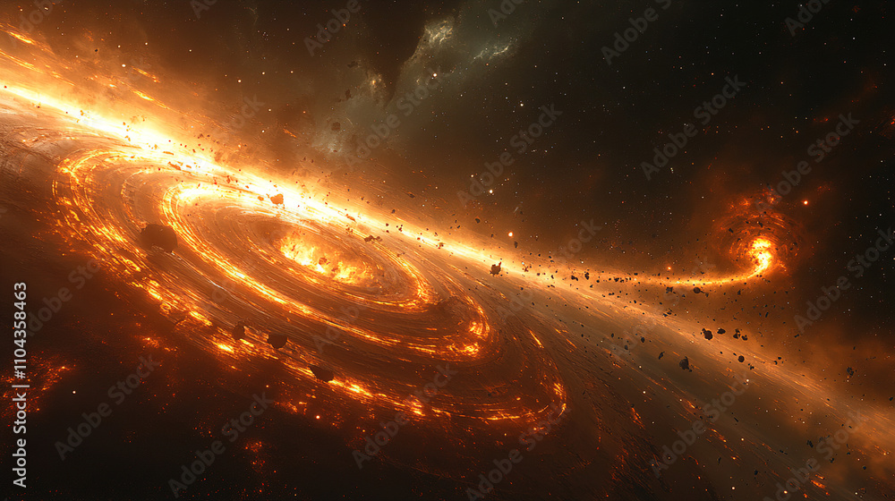 Poster glowing cosmic spiral of fiery debris and asteroids in a vast galaxy during an explosive celestial e