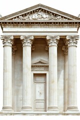 Classical stone facade, columns, pediment, doorway.