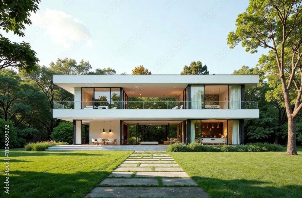 Poster elegant contemporary architecture features large windows and open spaces, harmonizing with beautiful