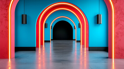 A vibrant corridor featuring colorful arches illuminated by neon lights against a blue and red backdrop, creating a modern and inviting ambiance.