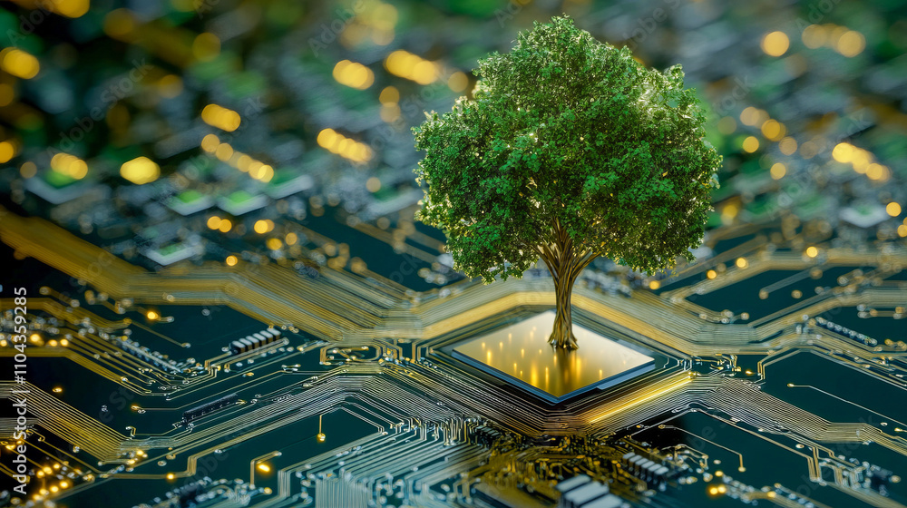 Poster tree growing from computer circuit board symbolizes nature-technology fusion