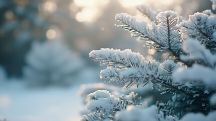 Frosted pine branch in soft winter sunlight