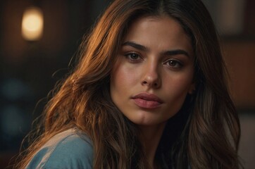 Naklejka premium A beautiful Colombian young woman with brown eyes and dark hair.