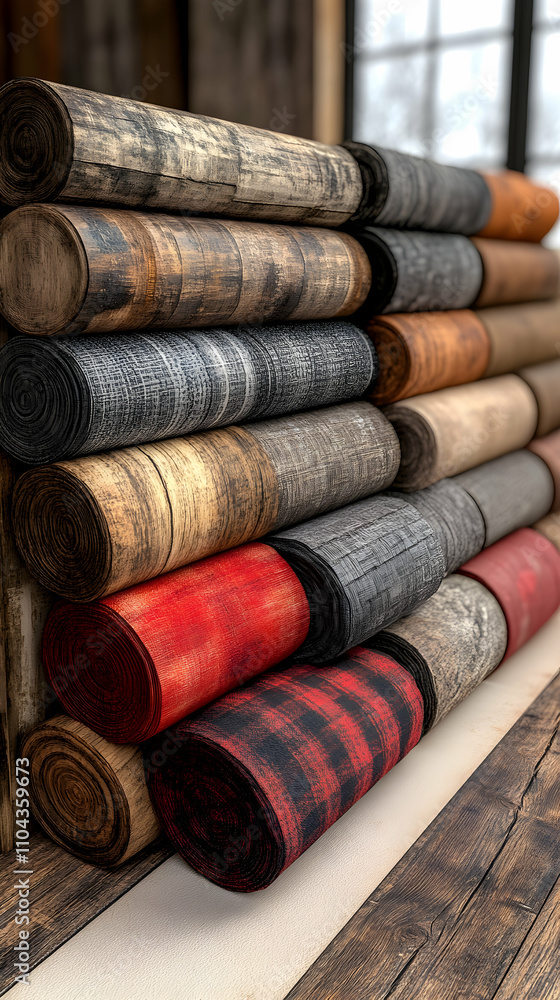 Poster stack of rolled fabric samples in various colors and wood grain patterns.
