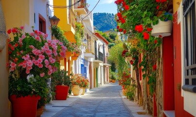 Fototapeta premium A narrow street lined with colorful houses and flowers