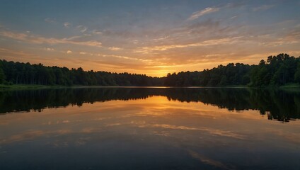 Fototapeta premium Calm sunset reflecting over a serene lake.