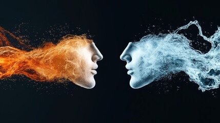Conceptual image of two human faces made of contrasting elements, fire and water, facing each other symbolizing duality and balance.