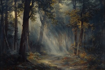 Fototapeta premium Symbolist Dreamscape: Mysterious Forest with Symbolic Elements