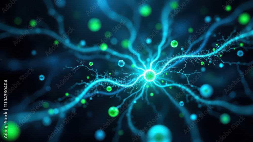 Poster an artistic representation of a neuron with blue light particles.