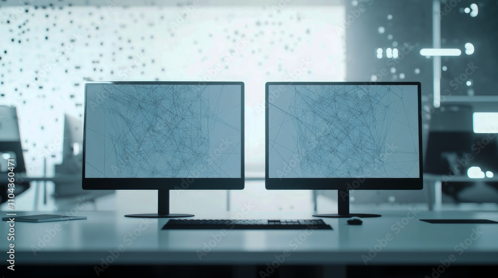 Poster dual computer monitors in modern office with network visualization