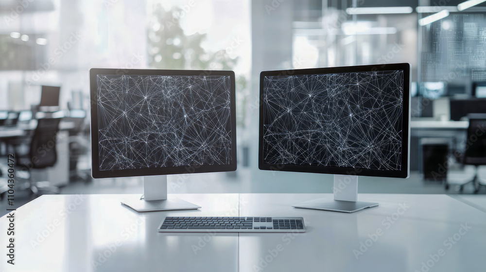 Poster dual monitors on desk in modern office with network visualization display