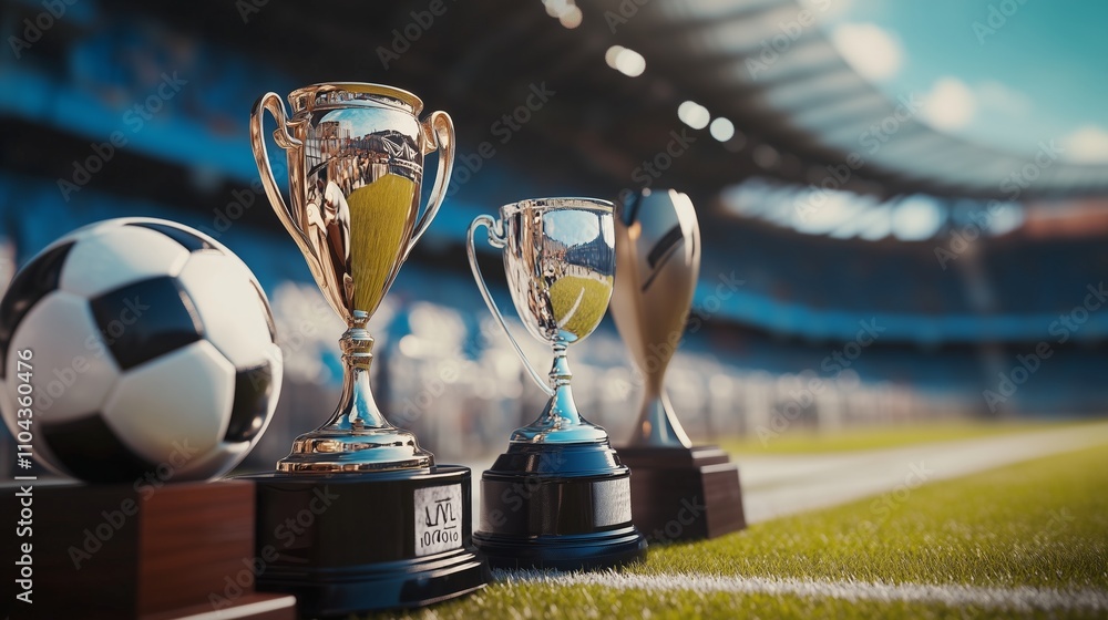 Wall mural Shiny golden and silver trophy cups with a ball in front of them on a blurry stadium background.