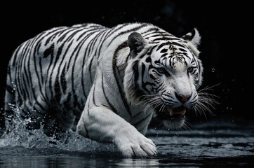 Fototapeta premium A tiger is swimming in a river in the forest.