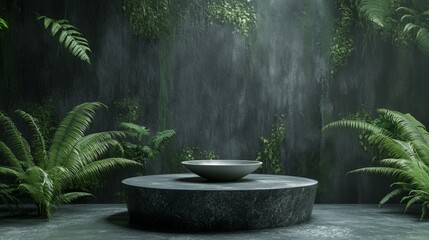 A stone, round podium with a bowl on it, set against a dark green jungle backdrop.