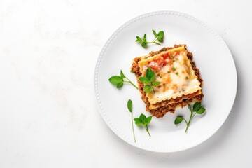 Classic lasagna with beef bolognese and basil on white plate top view