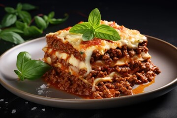 Classic lasagna with beef Bolognese bechamel and basil topping
