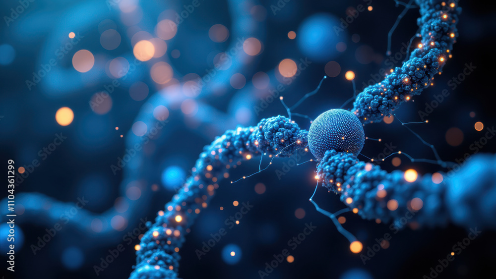 Poster a high-resolution illustration of a neuron with glowing synapses, showcasing molecular structures re