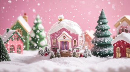 Obraz premium A Christmas scene gifts, trees, houses, against a pink background