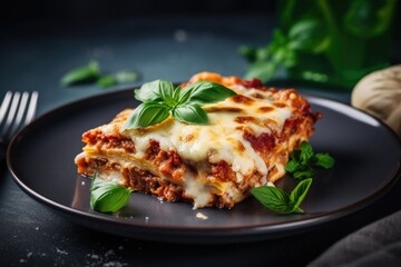 Close up of a homemade meat lasagna served with a basil leaf on a gray plate