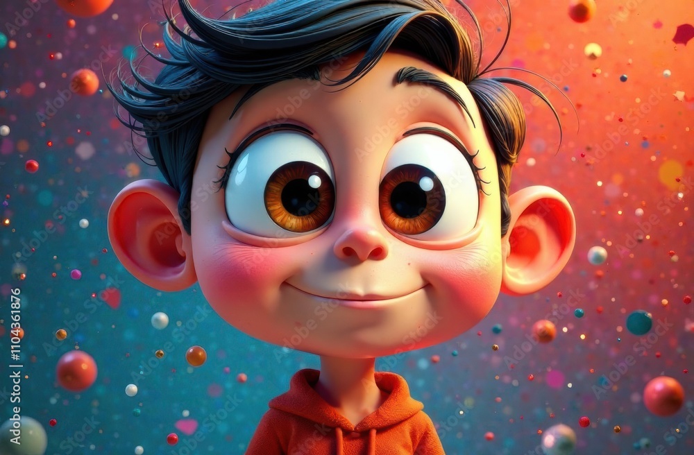 Poster a cheerful animated character with large expressive eyes and a friendly smile stands out against a b
