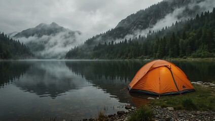 Camping tent by a foggy mountain lake.