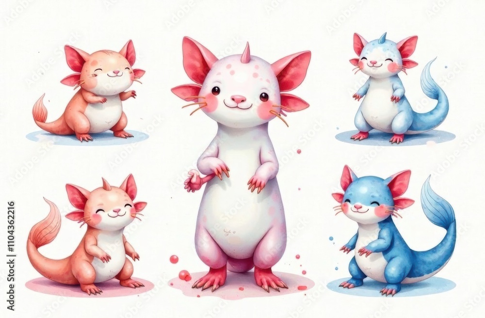 Poster five adorable cartoon creatures with varied fur colors and playful postures create a charming and wh