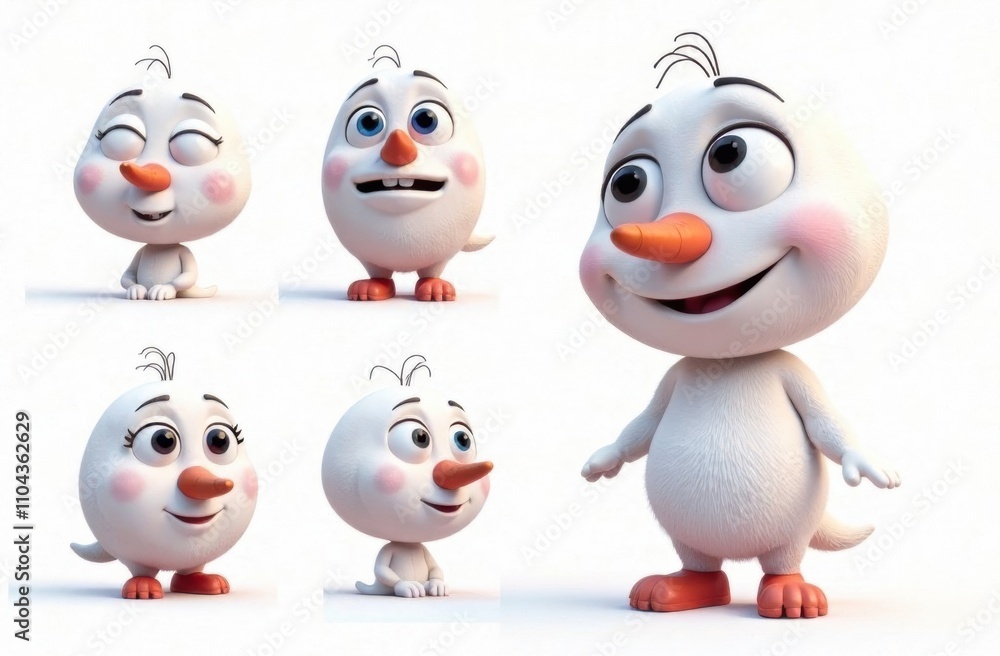 Poster a charming animated character displays different facial expressions and poses, creating a delightful