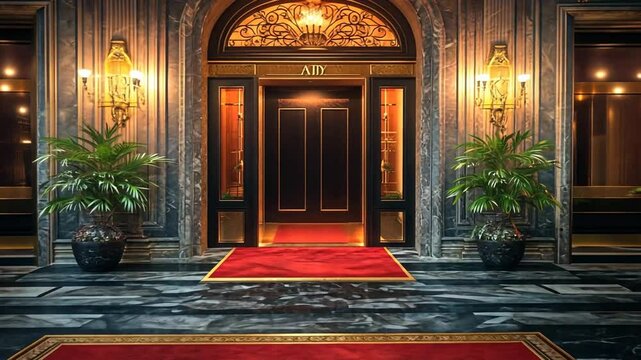 Grand Entrance: A Luxurious Marble Hallway with Red Carpet