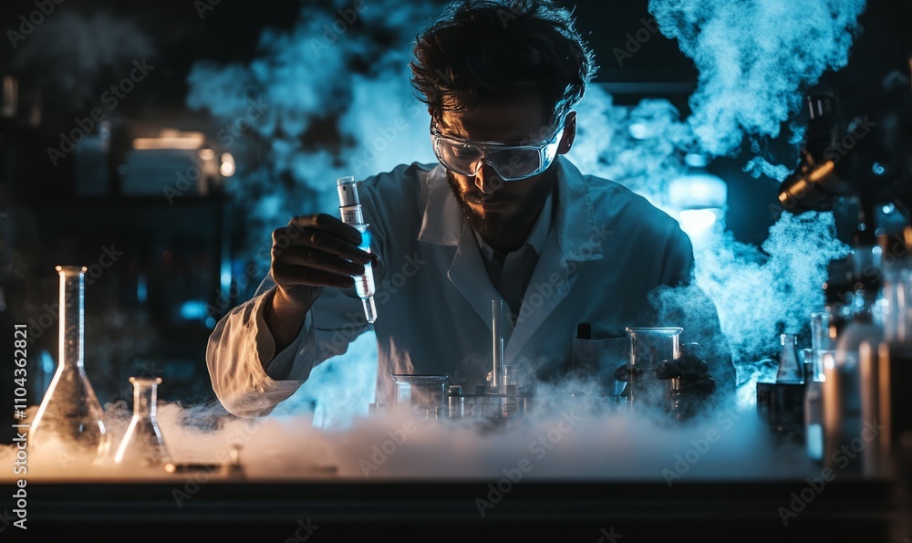 Poster a scientist carefully conducts an experiment with a beaker and pipette in a laboratory filled with v